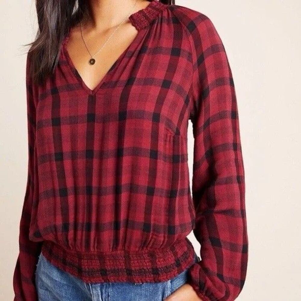Anthropologie Cloth & Stone Top Womens S Red Black Plaid V Neck Balloon Sleeve